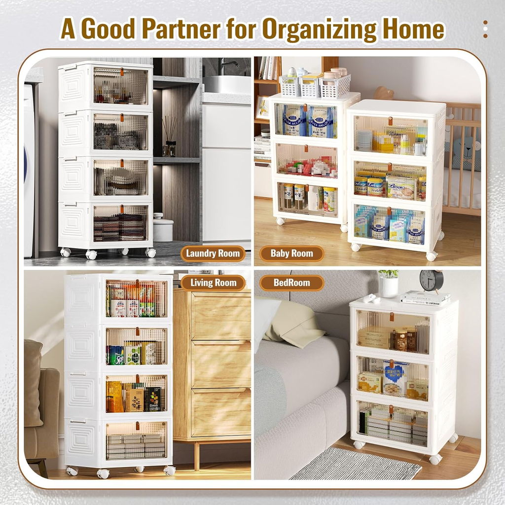 4 Tier Plastic Storage Bins with Lid 102QT, Stackable Storage Containers with Wheels, Folding Storage Boxes, Stackable Storage Bins, Closet Organizers and Storage