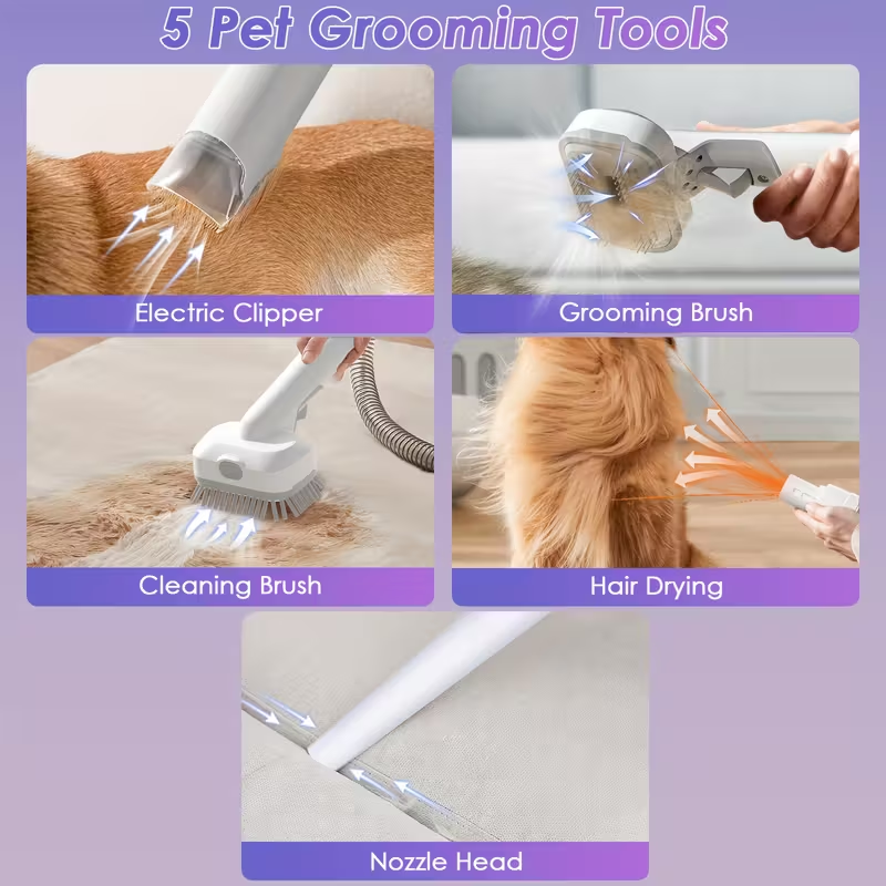 8-in-1 pet grooming vacuum cleaner and dog hair vacuum cleaner, 12000Pa powerful dog vacuum cleaner for hair removal and grooming, 74.39-ounce large dust cup, low noise, 3 suction power levels, 6 grooming tools, home cleaning, battery-free