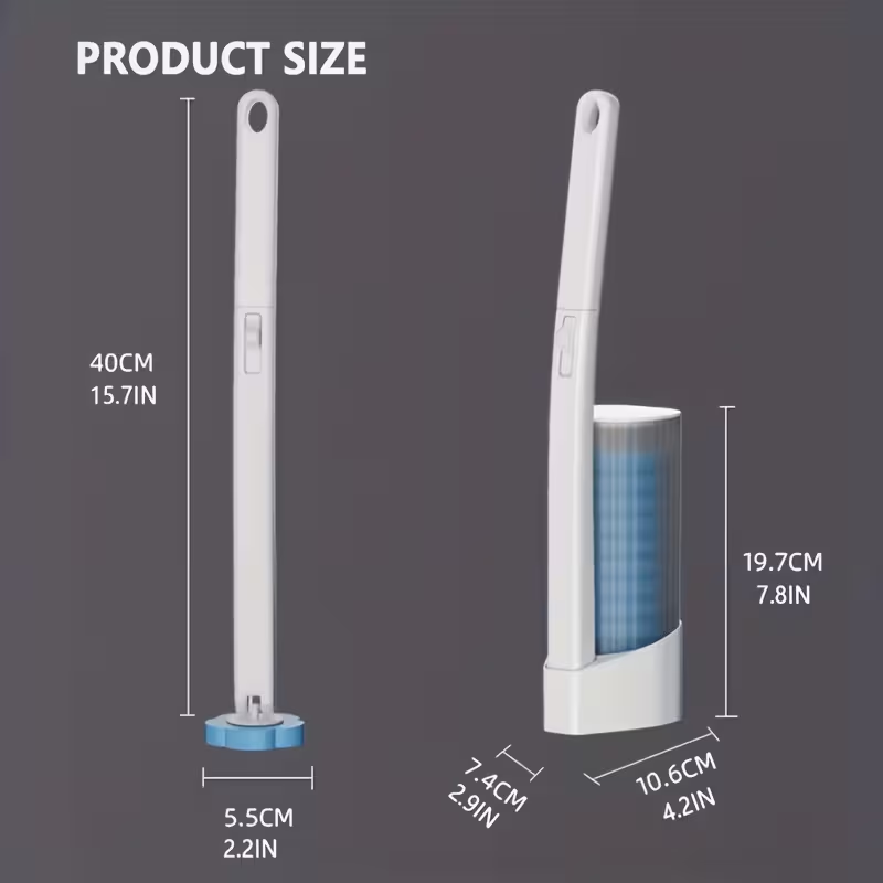 Disposable toilet cleaning kit includes 96 replacement brush heads, one brush head storage container, and one 15.7-inch long handle. It features a stylish design, is easy to install and secure, and provides an efficient and convenient cleaning experience.
