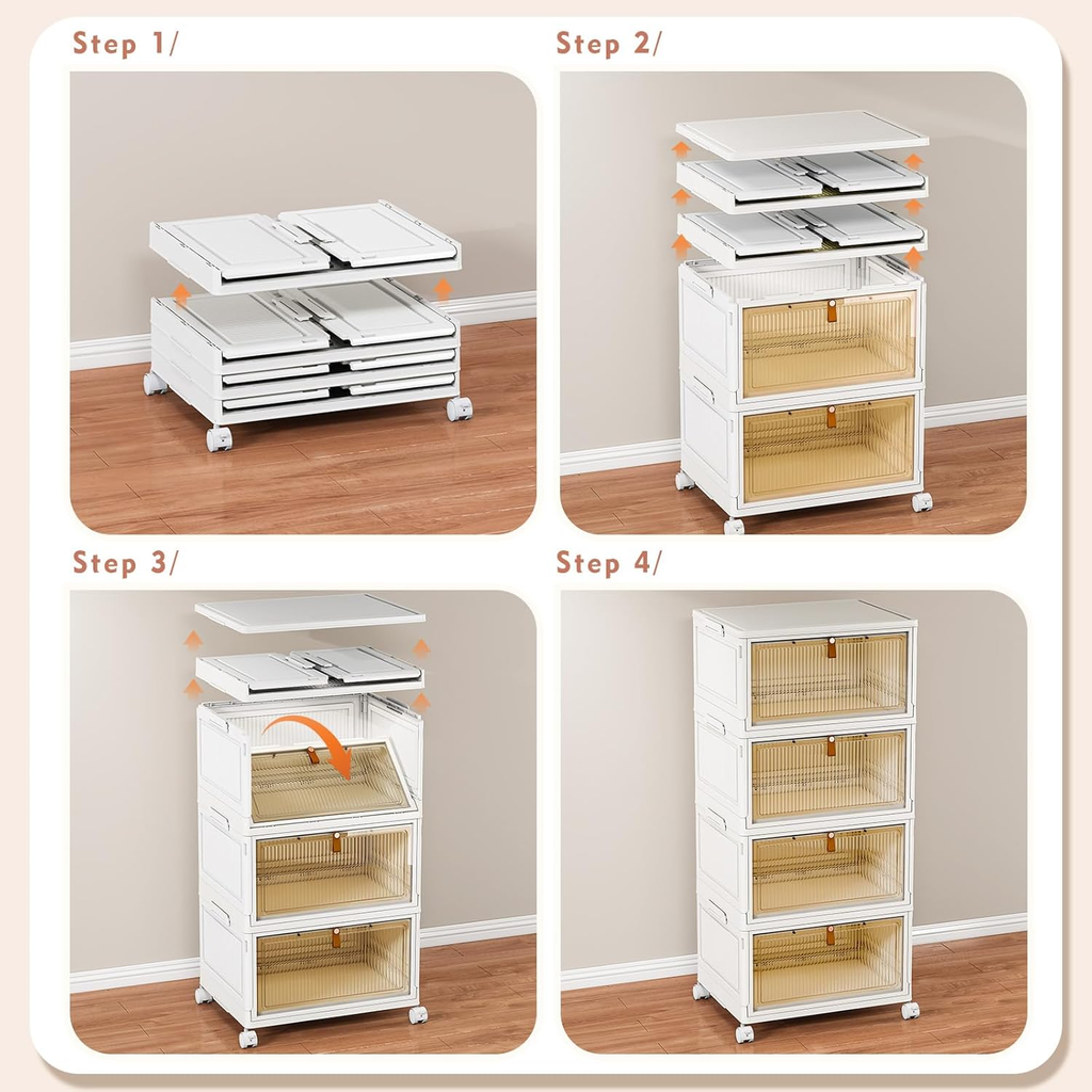 4 Tier Plastic Storage Bins with Lid 102QT, Stackable Storage Containers with Wheels, Folding Storage Boxes, Stackable Storage Bins, Closet Organizers and Storage