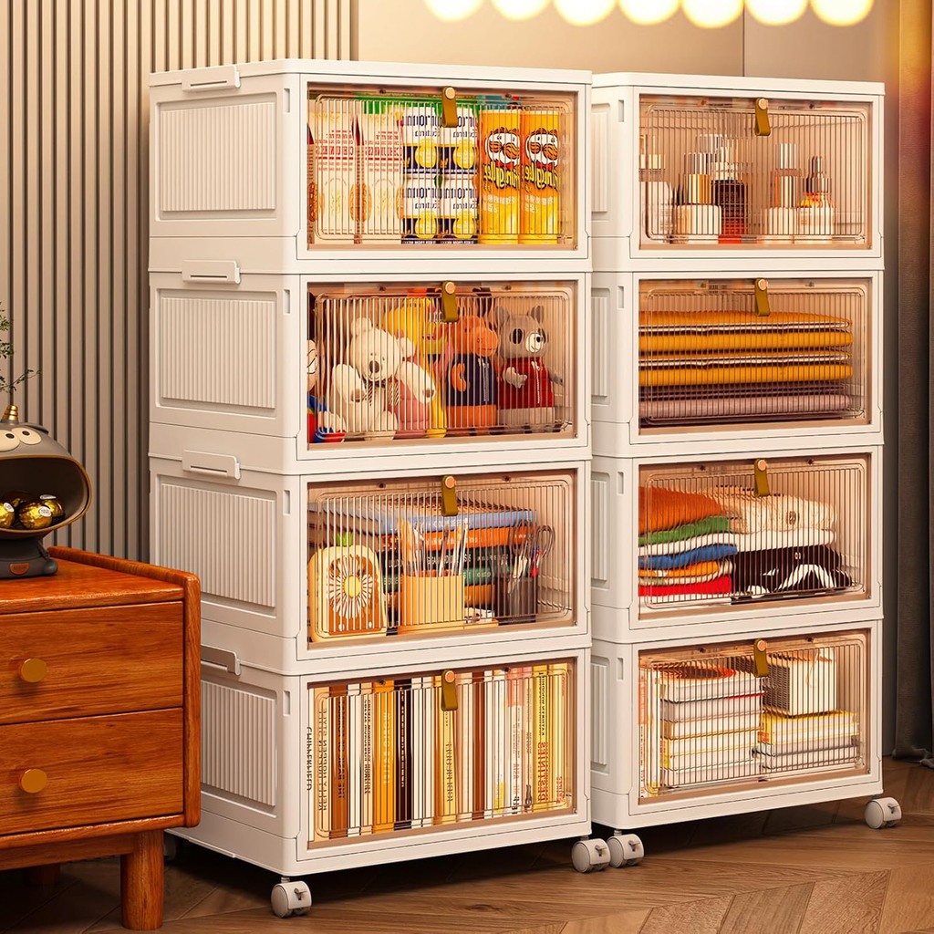 4 Tier Plastic Storage Bins with Lid 102QT, Stackable Storage Containers with Wheels, Folding Storage Boxes, Stackable Storage Bins, Closet Organizers and Storage