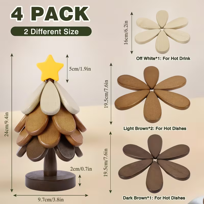 Cherry and Meteor Patterned Wooden Coasters Set (4-piece set) - Heat-resistant and heat-insulating pads, suitable for hot dishes, cookware, beverages, Christmas parties, holiday decorations and gift items (wooden table MATS)