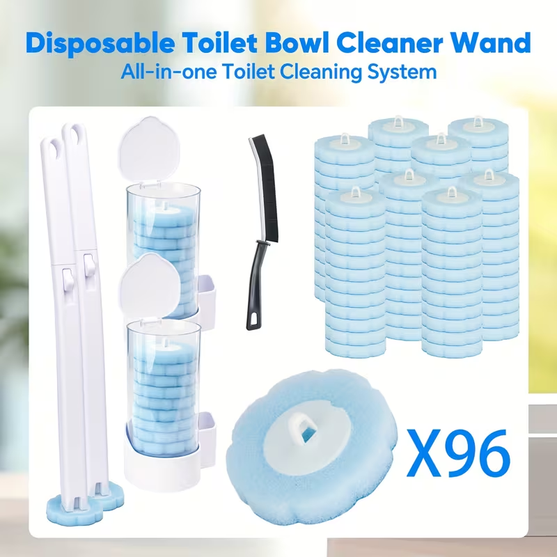 Disposable toilet cleaning kit includes 96 replacement brush heads, one brush head storage container, and one 15.7-inch long handle. It features a stylish design, is easy to install and secure, and provides an efficient and convenient cleaning experience.